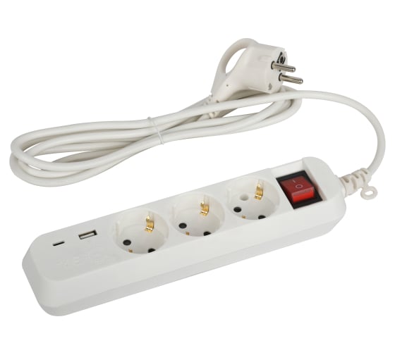 Изображение товара Электрический удлинитель ЭРА UB3es1,5mUSB c заземлением, с выключателем, 3 розетки, 1xUSB-A, 1xUSB-C, 1,5м Б0052897