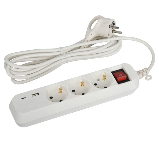 Изображение товара Электрический удлинитель ЭРА UB3es3mUSB c заземлением, с выключателем, 3 розетки, 1xUSB-A, 1xUSB-C, 3м, 10А Б0052898
