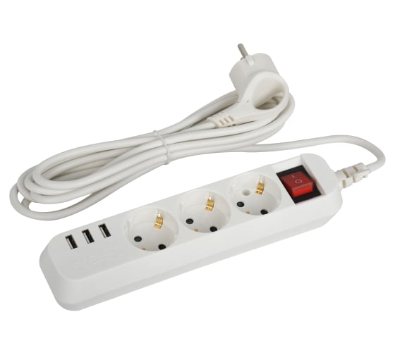 Изображение товара Электрический удлинитель ЭРА U3es3mUSB c заземлением, с выключателем, 3 розетки, 3xUSB-A, 3м, 10А Б0052901