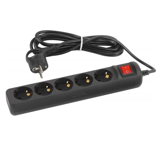 Изображение товара Электрический удлинитель ЭРА UX5es3mB с заземлением, с выключателем, 5 розеток 3 м, ПВС 3x0,75мм2, 10А, черный Б0057731