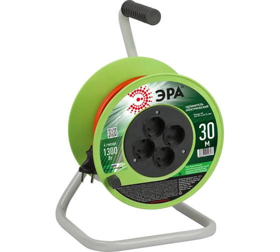 Изображение товара Силовой удлинитель ЭРА RP42x0.7530m на пластиковой катушке, без заземления, 4 розетки 30м, ПВС 2x0,75мм, Б0059780