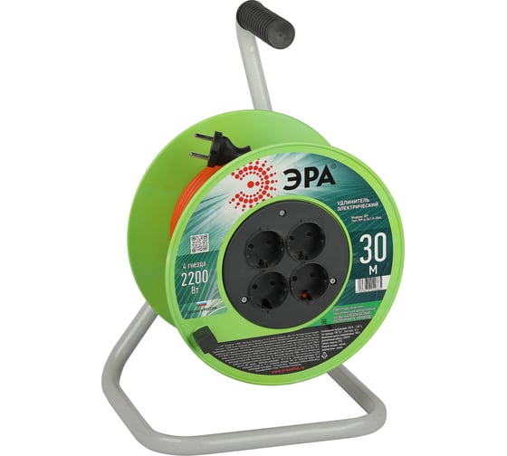 Изображение товара Силовой удлинитель ЭРА RP42x1.030m на пластиковой катушке, без заземления, 4 розетки 30м, ПВС 2x1мм2 Б0059782