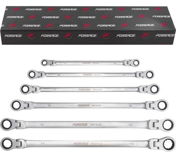 Изображение товара Накидной экстра длинный трещоточный ключ Forsage набор 6 предметов, 8x9, 10x11, 12x13, 14x15, 16x18, 17x19 мм F-50622F(54806)