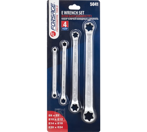 Изображение товара Набор накидных ключей Forsage Е-профиль 4пр, Е6хЕ8, Е10ХЕ12, Е14ХЕ18, Е20хЕ24 в блистере F-5041(8719)