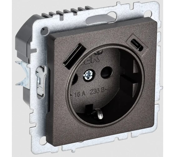 Изображение товара 1-местная розетка IEK Brite с заземлением с защитными шторками 16а с usb a+c 18вт рюш11-1-бртб темная бронза BR-R14-16-U22-018-K45