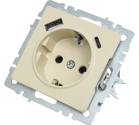 Изображение товара 1-местная розетка IEK Brite с заземлением с защитными шторками 16а с usb a+c 18вт рюш11-1-бркр бежевый BR-R14-16-U22-018-K10