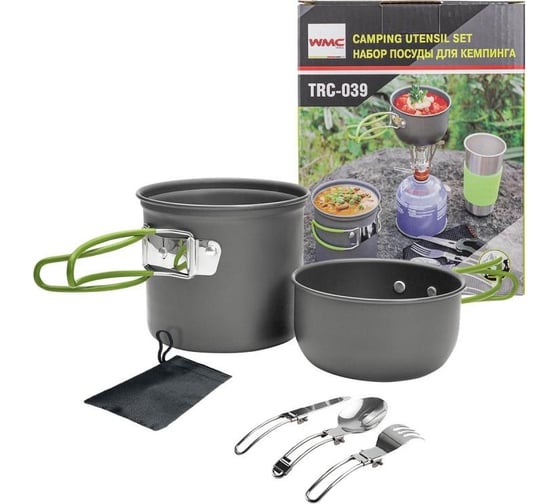 Изображение товара Алюминиевая холодно-штампованная посуда для кемпинга WMS Tools набор кастрюля, миска, ложка, вилка, нож WMC-TRC-039(54884)
