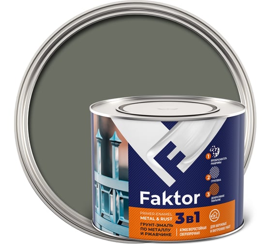 Изображение товара Грунт-эмаль ЯРОСЛАВСКИЕ КРАСКИ FAKTOR на ржавчину 3 в 1, серая, банка 1.9 кг 215142