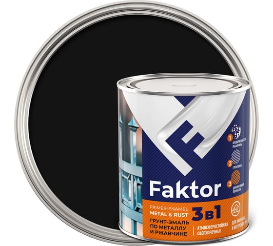 Изображение товара Грунт-эмаль ЯРОСЛАВСКИЕ КРАСКИ FAKTOR на ржавчину 3 в 1, черная, банка 0.8 кг 215148