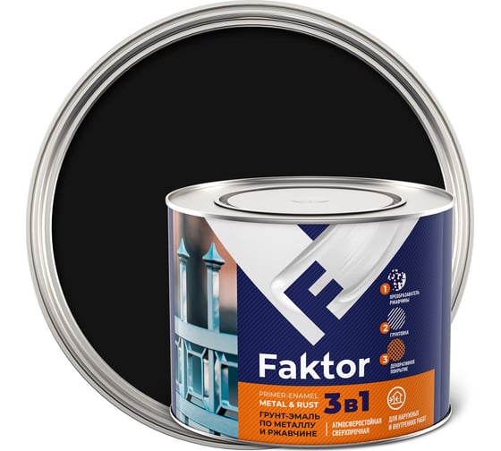 Изображение товара Грунт-эмаль ЯРОСЛАВСКИЕ КРАСКИ FAKTOR на ржавчину 3 в 1, черная, банка 1.9 кг 215145