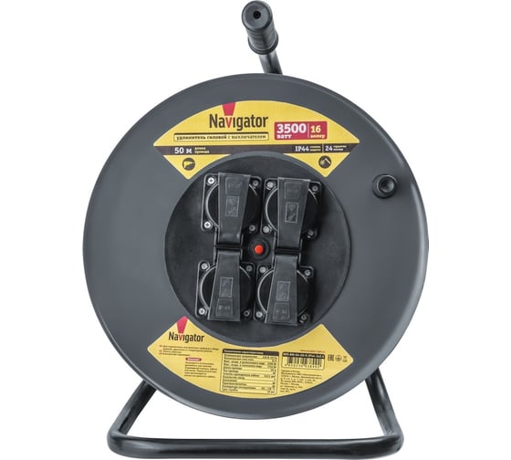 Изображение товара Удлинитель Navigator 93 899 npe-rm-04-50-e-ip44-3x2.5, катушка, 4 гнезда, c заземлением, кг 50м 93899