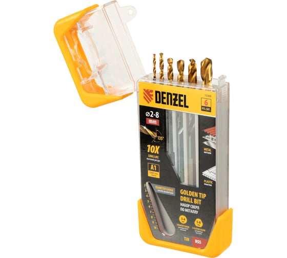 Изображение товара Набор сверл по металлу Golden Tip 2, 3, 4, 5, 6, 8 мм, HSS-Tin, 6 шт Denzel 72300