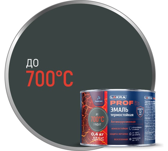 Изображение товара Термостойкая эмаль ЛАКРА prof it антикоррозионная, до 700С, графит, 0.4 кг ЛА-00001678