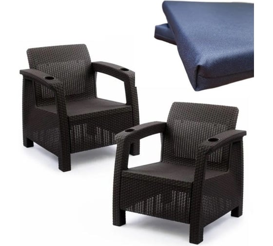 Изображение товара Набор из 2-х кресел WORKY ротанг, 73x70x79 см, мокко, с темно-синими подушками ARD257809