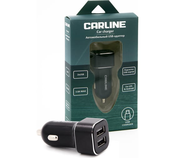 Изображение товара Автомобильный адаптер CARLINE 2хUSB (3.8 А Max) в прикуриватель 12/24 В, цвет черный, упаковка коробка CH-2-31A