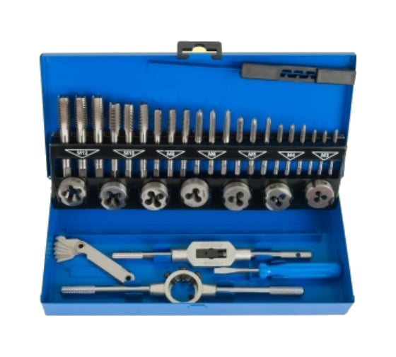 Изображение товара Набор плашек и метчиков из 32 предметов (М3-М12, металлический кейс) Техносталь t207032