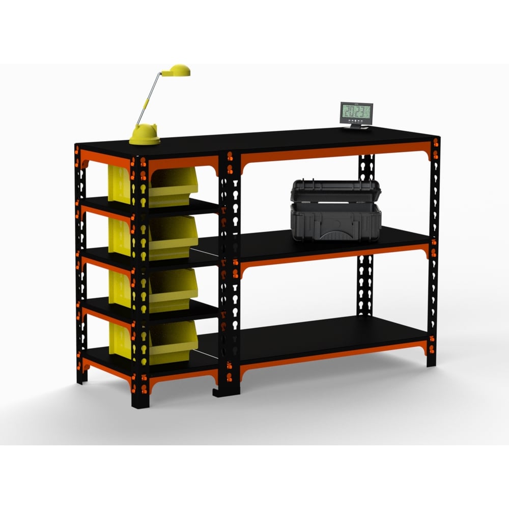 Изображение товара Стол-верстак с боковыми полками 950x1500 мм черный и оранжевый