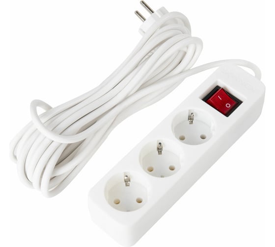 Изображение товара Сетевой удлинитель SONNEN psw-503, 3 розетки c заземлением, выключатель 10 а, 5 м, белый, 513661