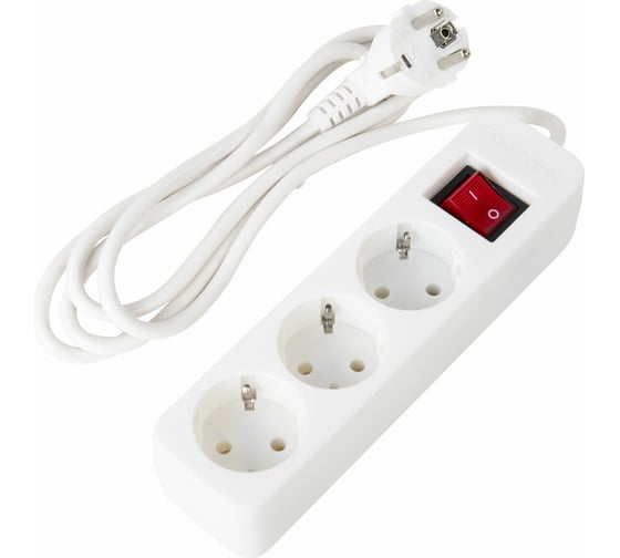 Изображение товара Сетевой удлинитель SONNEN psw-183, 3 розетки c заземлением, выключатель 10 а, 1,8 м, белый, 513659