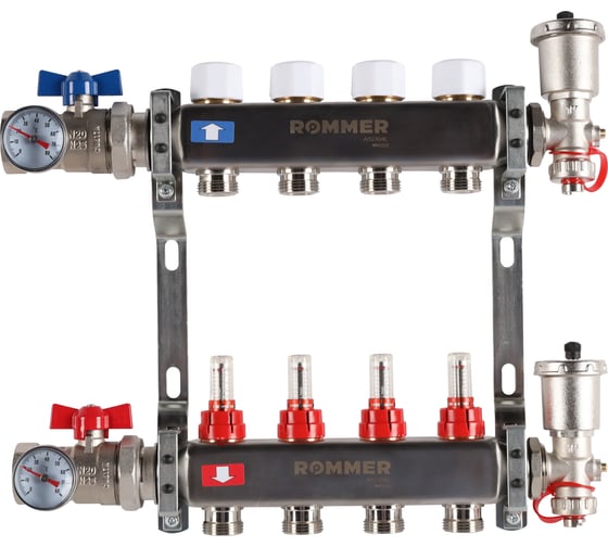 Изображение товара Коллектор из нержавеющей стали ROMMER в сборе, с расходомерами, 4 выхода Rms-1210-000004 RG0091LAMEV06O