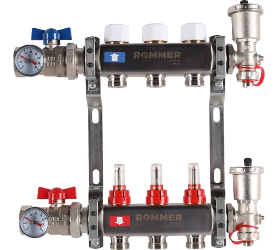Изображение товара Коллектор из нержавеющей стали ROMMER в сборе, с расходомерами, 3 выхода Rms-1210-000003 RG0091LAMEUP6K