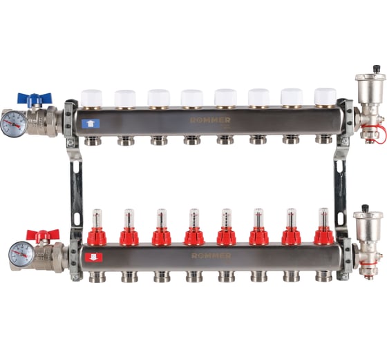 Изображение товара Коллектор из нержавеющей стали ROMMER в сборе, с расходомерами, 8 выходов Rms-1210-000008 RG0091LAMEVUF0