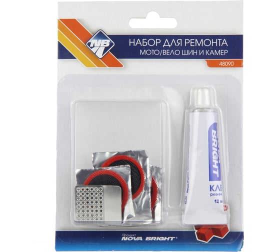 Изображение товара Заплаток набор для ремонта камер, шин и др. резиновых изделий (4шт х 25мм, клей и рашпиль) Nova Bright 48090