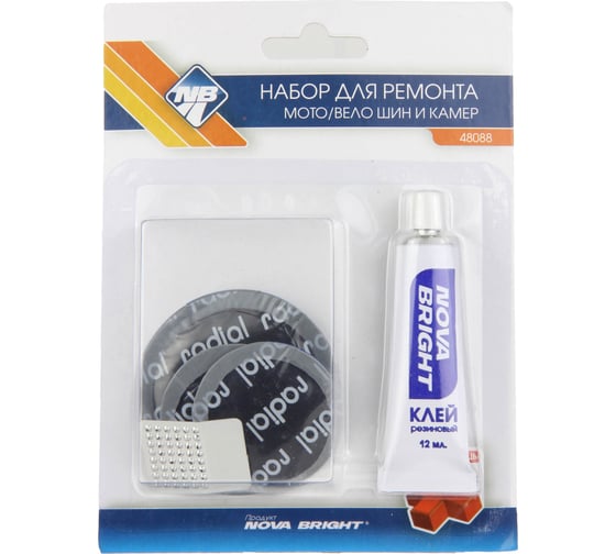 Изображение товара Заплаток набор для ремонта камер, шин и др. резиновых изделий (1шт х58мм, 2шт х 42мм, клей и рашпиль) Nova Bright 48088