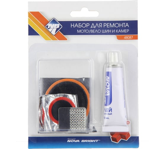 Изображение товара Заплаток набор для ремонта камер, шин и др. резиновых изделий (2шт х50мм, 2шт х 25мм, клей и рашпиль) Nova Bright 48087