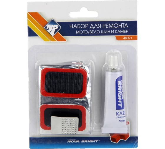 Изображение товара Заплаток набор для ремонта камер, шин и др. резиновых изделий Nova Bright 10 шт, 30х50 мм, клей и рашпиль 48091