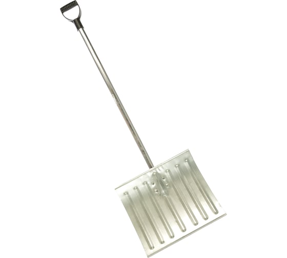 Изображение товара Стальная тротуарная лопата для уборки снега с изогнутым алюминиевым черенком КУРС 428х375x1300 мм 68124