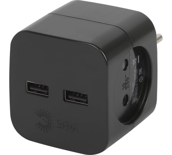 Изображение товара Электрический разветвитель ЭРА SP-2-USB-B на 2 розетки, 220V + 2xUSB 2400mA, без заземления, 10А, черный Б0049535