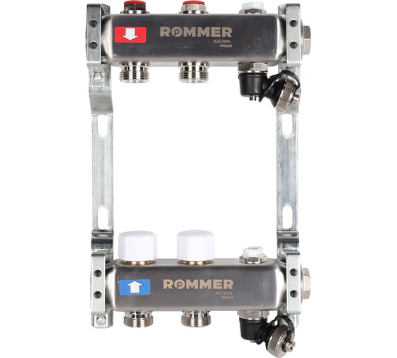Изображение товара Коллектор из нержавеющей стали ROMMER без расходомеров, с клапаном вып. воздуха и сливом, 2 выхода Rms-3201-000002 RG0091LAMUM08S