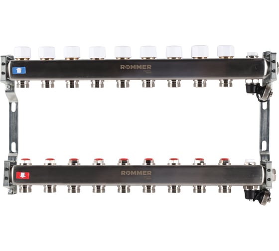 Изображение товара Коллектор из нержавеющей стали ROMMER без расходомеров, с клапаном вып. воздуха и сливом, 9 выходов Rms-3201-000009 RG0091LAMUNG18
