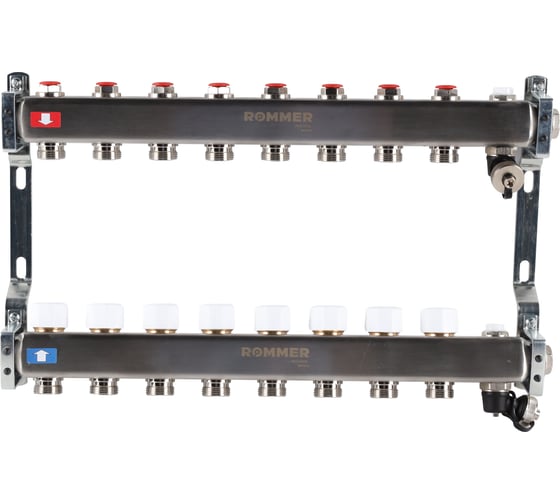 Изображение товара Коллектор из нержавеющей стали ROMMER без расходомеров, с клапаном вып. воздуха и сливом, 8 выходов Rms-3201-000008 RG0091LAMUN7P7
