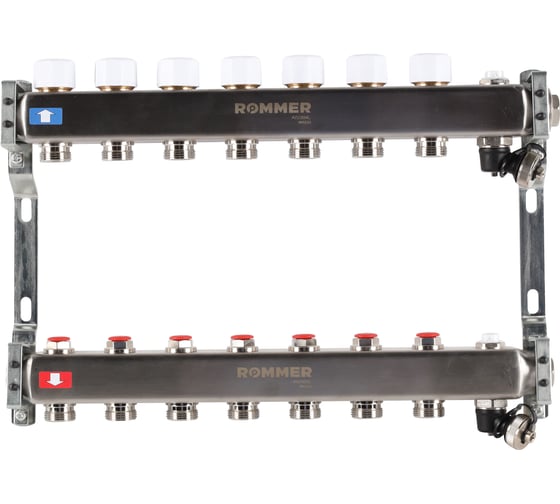 Изображение товара Коллектор из нержавеющей стали ROMMER без расходомеров, с клапаном вып. воздуха и сливом, 7 выходов Rms-3201-000007 RG0091LAMUN1H6