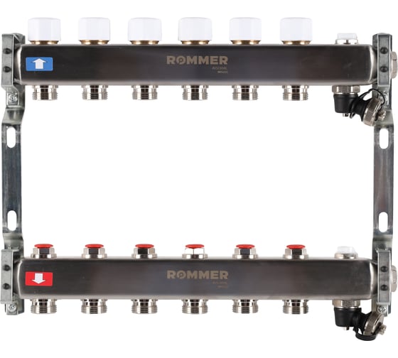 Изображение товара Коллектор из нержавеющей стали ROMMER без расходомеров, с клапаном вып. воздуха и сливом, 6 выходов Rms-3201-000006 RG0091LAMUMR13