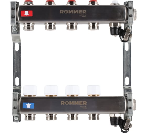 Изображение товара Коллектор из нержавеющей стали ROMMER без расходомеров, с клапаном вып. воздуха и сливом, 4 выхода Rms-3201-000004 RG0091LAMUMC8U