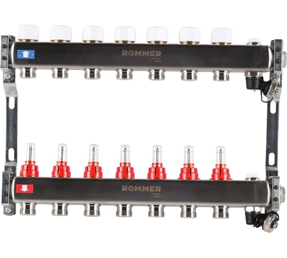 Изображение товара Коллектор из нержавеющей стали ROMMER с расходомерами, с клапаном вып. воздуха и сливом, 7 выходов Rms-1201-000007 RG0091LAMS83VM