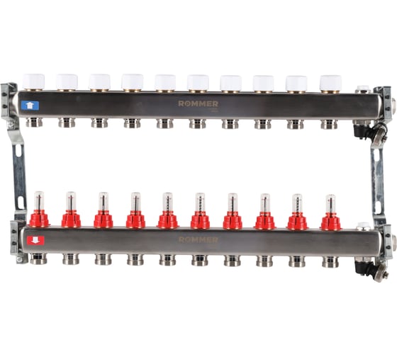 Изображение товара Коллектор из нержавеющей стали ROMMER с расходомерами, с клапаном вып. воздуха и сливом, 10 выходов Rms-1201-000010 RG0091LAMS8LVO