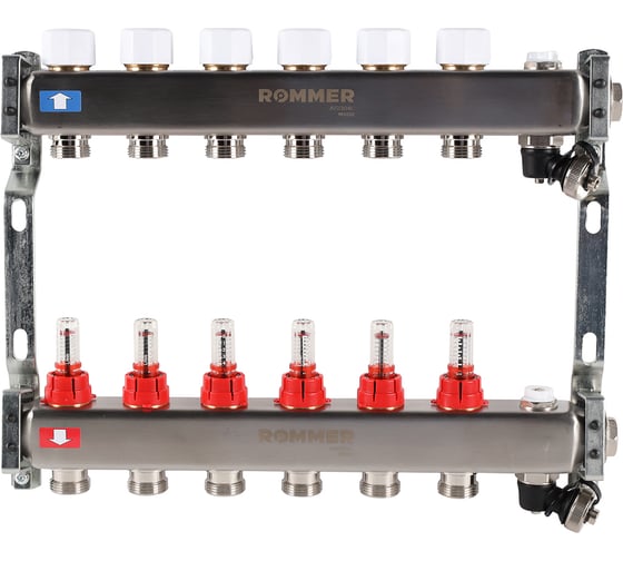 Изображение товара Коллектор из нержавеющей стали ROMMER с расходомерами, с клапаном вып. воздуха и сливом, 6 выходов Rms-1201-000006 RG0091LAMS78FK