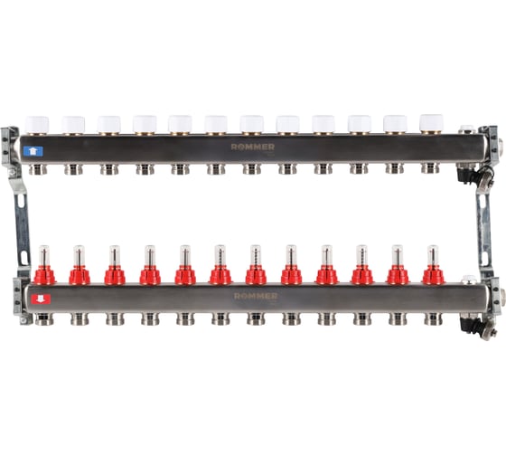 Изображение товара Коллектор из нержавеющей стали ROMMER с расходомерами, с клапаном вып. воздуха и сливом, 12 выходов Rms-1201-000012 RG0091LAMSA3VQ