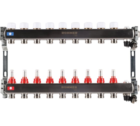 Изображение товара Коллектор из нержавеющей стали ROMMER с расходомерами, с клапаном вып. воздуха и сливом, 9 выходов Rms-1201-000009 RG0091LAMS8F7N