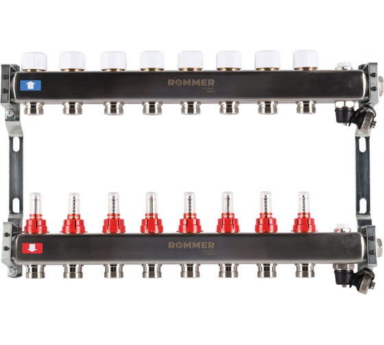 Изображение товара Коллектор из нержавеющей стали ROMMER с расходомерами, с клапаном вып. воздуха и сливом, 8 выходов Rms-1201-000008 RG0091LAMS89FM