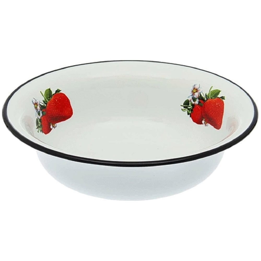 Изображение товара Эмалированная миска объем 2 л с декором клубника белая Сибирские товары
