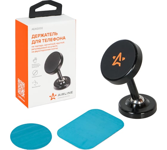 Изображение товара Держатель для телефона на торпедо Airline магнитный, круглый, регулируемый на штанге, на двухстороннем скотче AEAG002