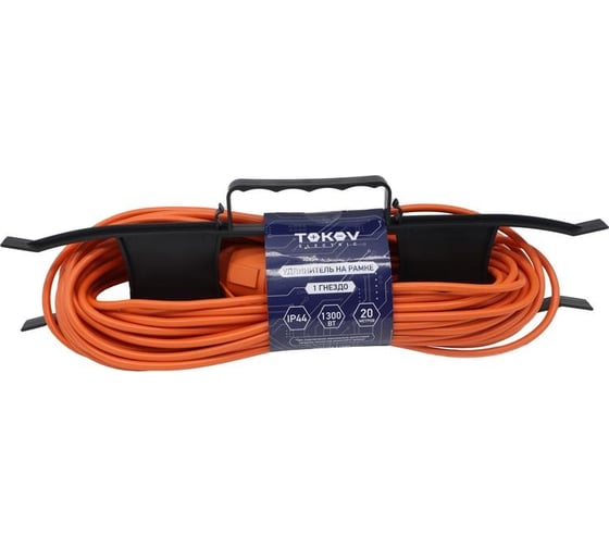 Изображение товара Удлинитель-шнур TOKOV ELECTRIC на рамке 1x20м без заземл. 6а ip44 2x0.75 с защ. крышкой TKE-SR20-075