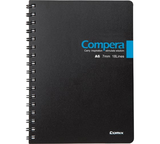 Изображение товара Блокнот COMIX Compera Bond A6 в линейку, на пружине, 50 листов, обложка черная/голубая CPA6507 BLK/BU