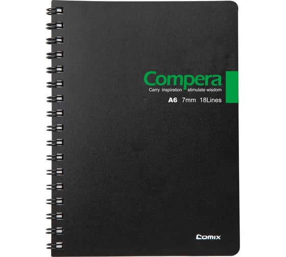 Изображение товара Блокнот COMIX Compera Bond A6 в линейку, на пружине, 50 листов, обложка черная/зеленая CPA6507 BLK/GN