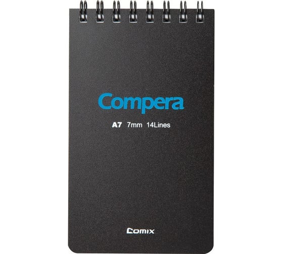 Изображение товара Блокнот COMIX Compera Bond A7 в линейку, на пружине, 50 листов, обложка черная/голубая CPA7507 BLK/BU